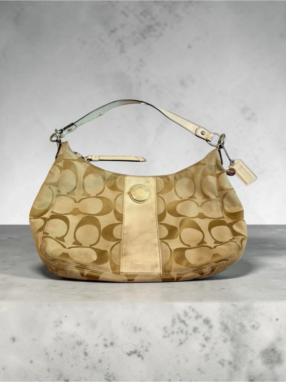 Coach Signature Stripe Convertible Hobo Shoulder Bag Khaki Cream Y2K F19281